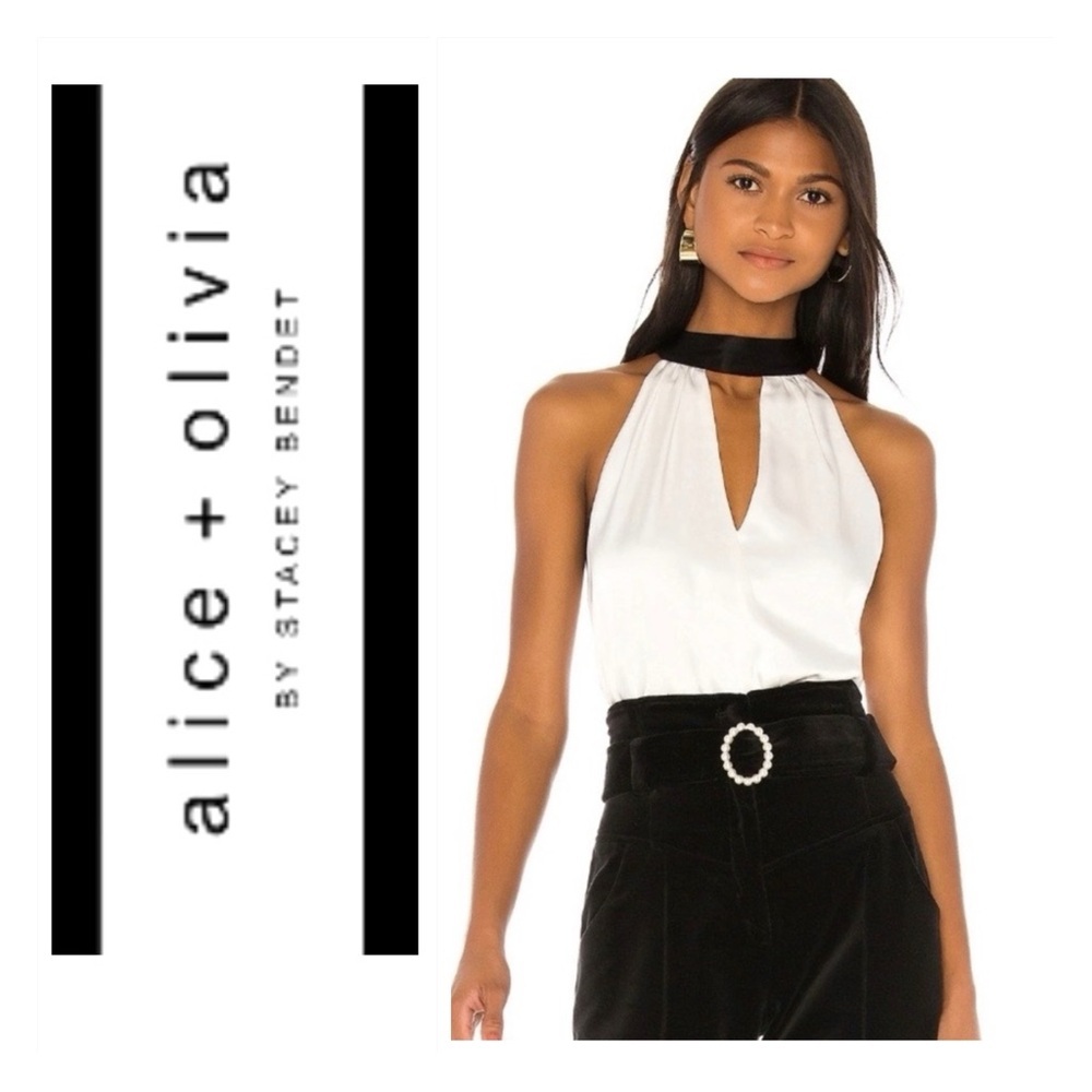 Alice + Olivia White and Black Halter Neck Silk Top (S)